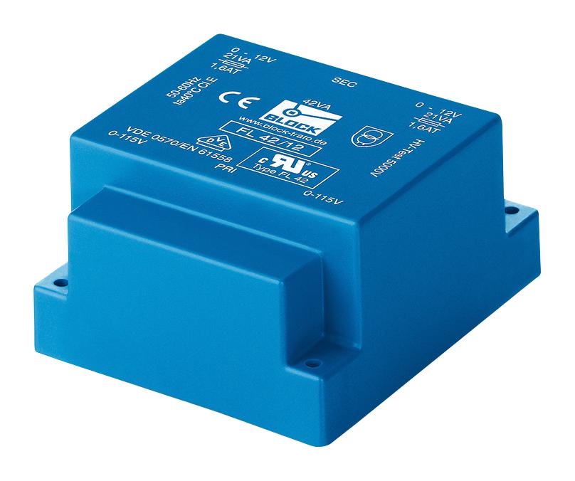 BLOCK FL42/12 PCB Transformer, UI 48 x 17, Encapsulated Safety Isolating, 2 x 115V, 2 x 12V, 42 VA, 50Hz / 60Hz