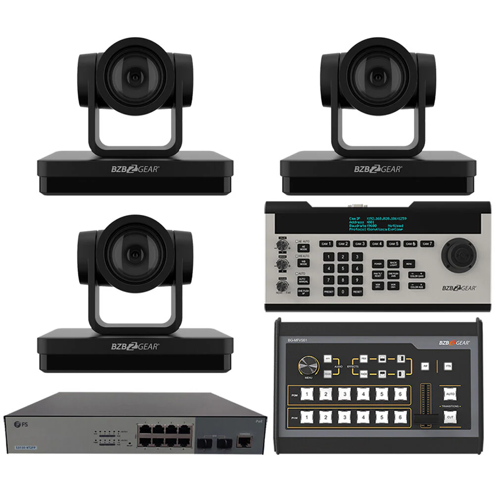 BZBGear 3 x 20x PTZ Camera Broadcast Kit with 6-Channel Mixer, 8-Port Switch & Controller (Black)