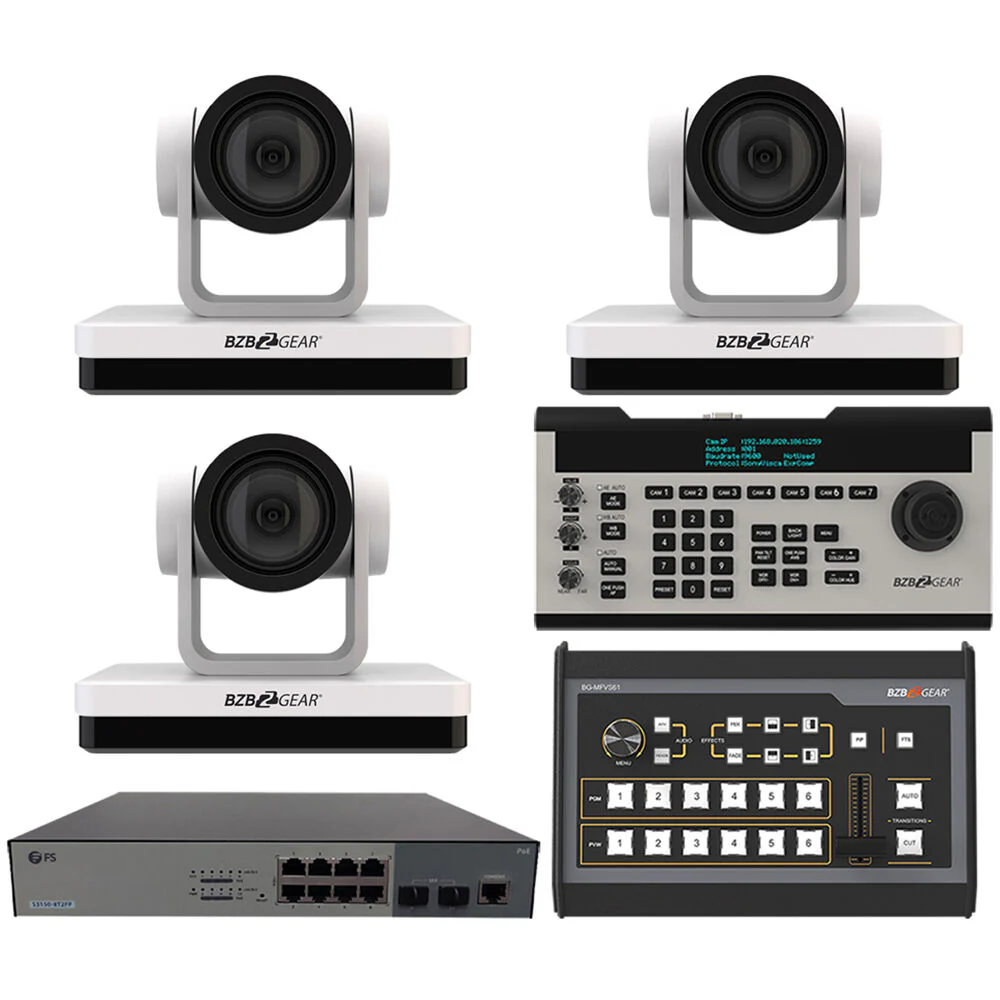 BZBGear 3 x 20x PTZ Camera Broadcast Kit with 6-Channel Mixer, 8-Port Switch & Controller (White)