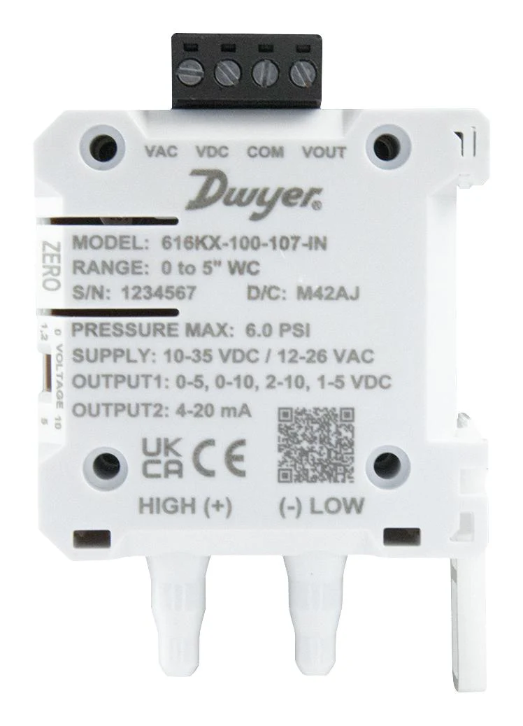 DWYER 616KX-200-107-IN Pressure Transmitter, 0 to 5 Inch-H2O, &plusmn; 2%, Differential, Uni-Directional, Air/Non-Combustible Gas