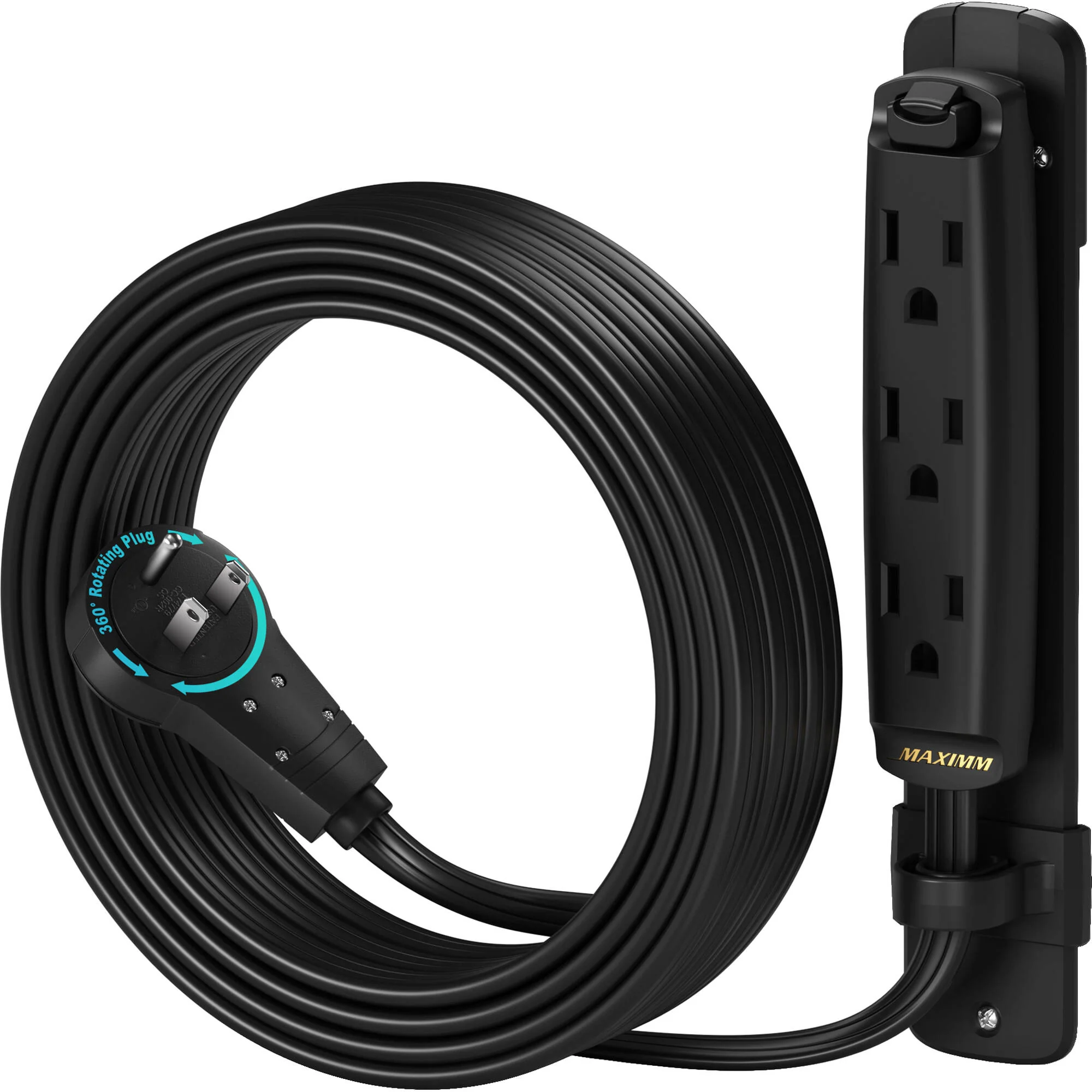 Maximm Cable 3-Outlet Power Extension Cord with 360? Rotating Flat Plug (Black, 10')