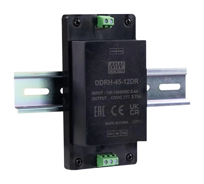 MEAN WELL DDRH-45-12DR Isolated DIN Rail Mount DC/DC Converter, ITE & Industrial, 10:1, 45 W, 1 Output, 12 V, 3.75 A