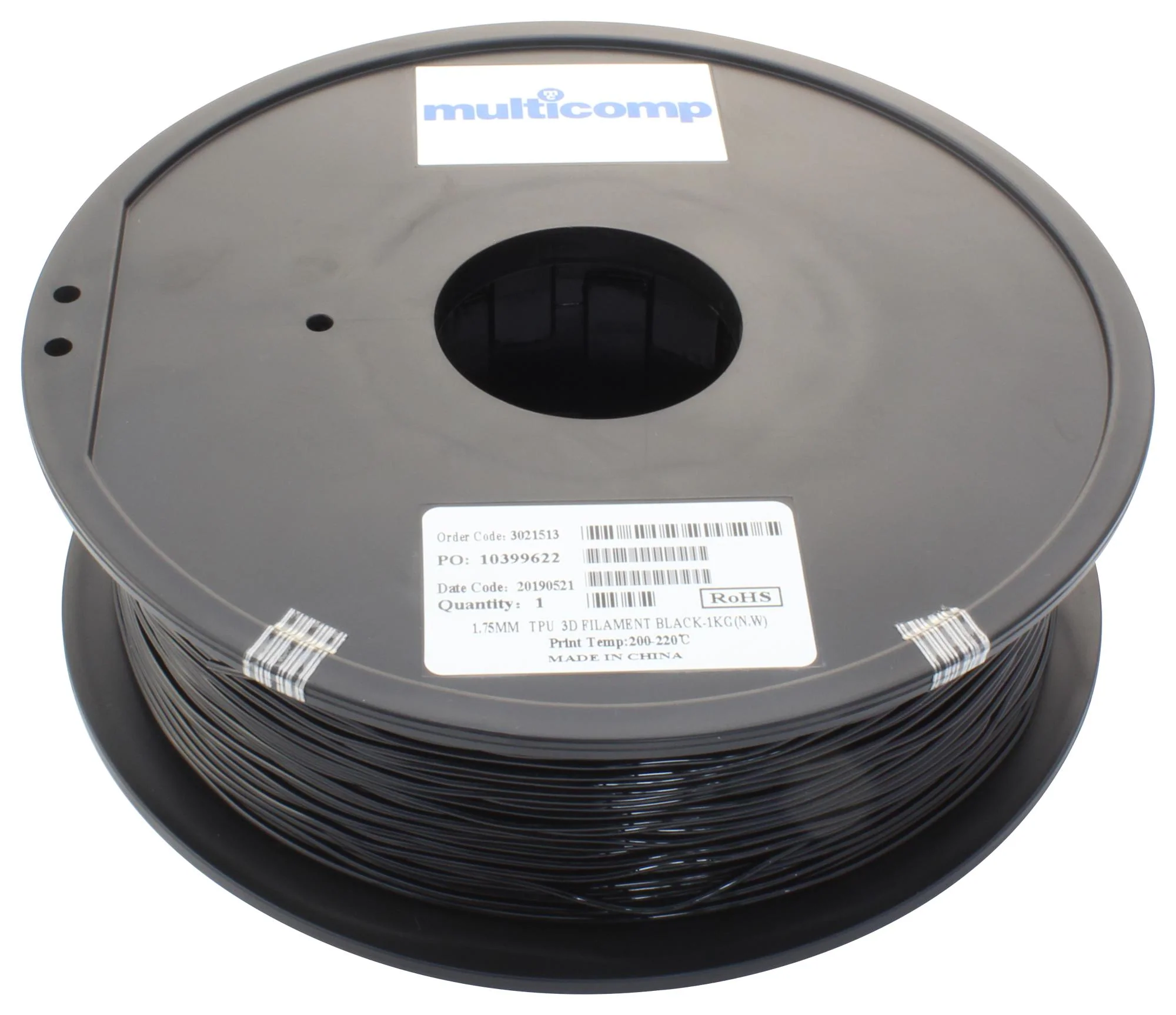 Multicomp MC011461 3D Printer Filament TPU 1.75 mm Black 220 &deg;C Melting Temp - Image 2