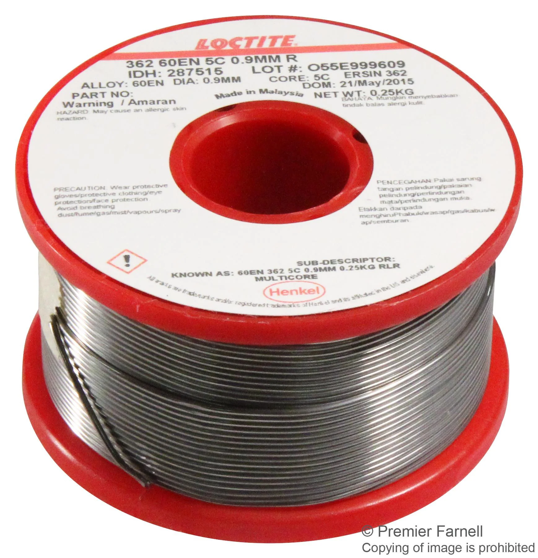 MULTICORE / LOCTITE D620 250G REEL Solder Wire, 60/40, 0.91mm Diameter, 180�C, 250g