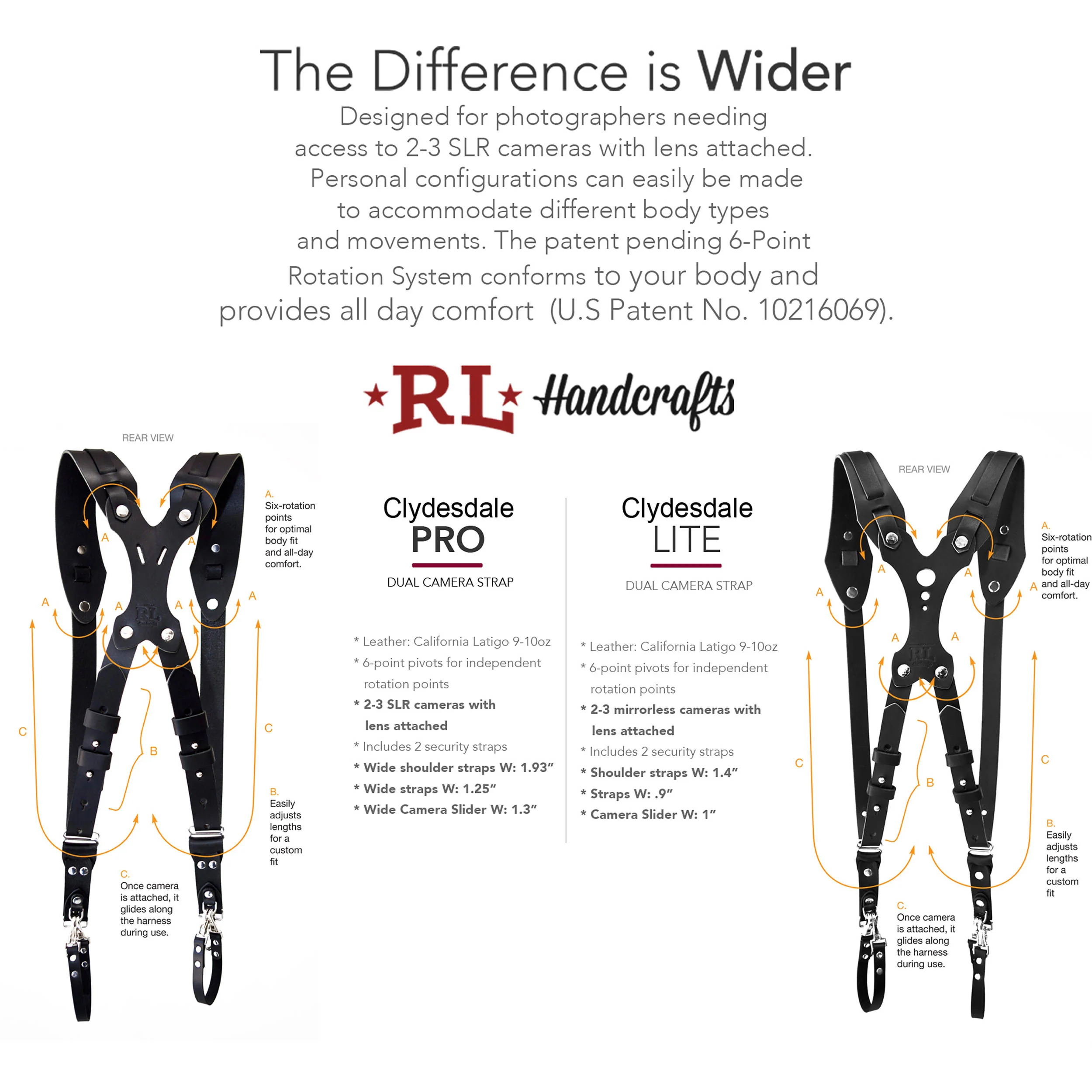 RL Handcrafts Clydesdale Lite Dual Leather Camera Harness (Small, Black) - Image 3