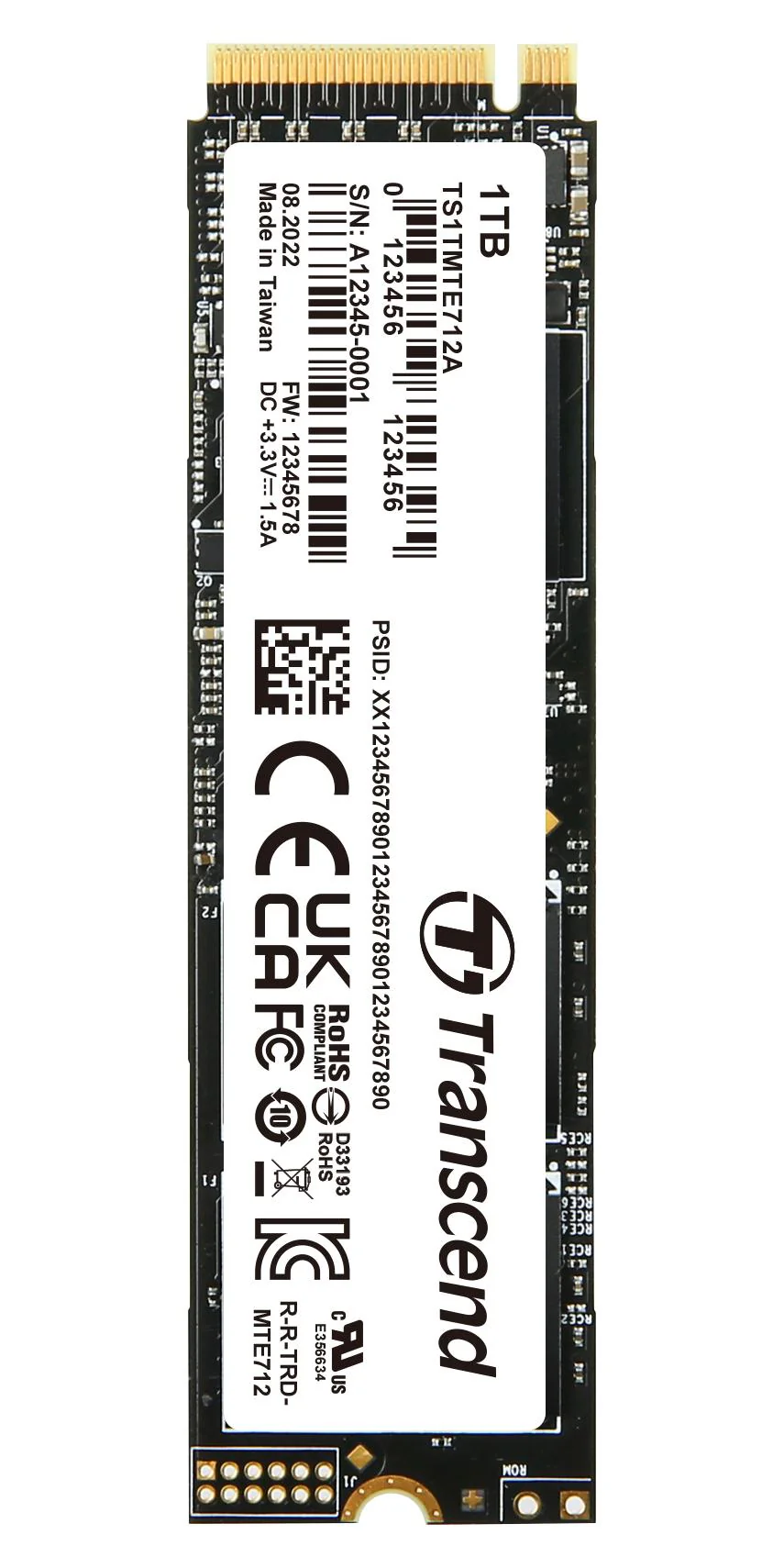 TRANSCEND TS1TMTE712A SSD, Internal, M.2 2280, PCle Gen4 x4, NVMe, 1 TB, 3D NAND, AES 256-bit