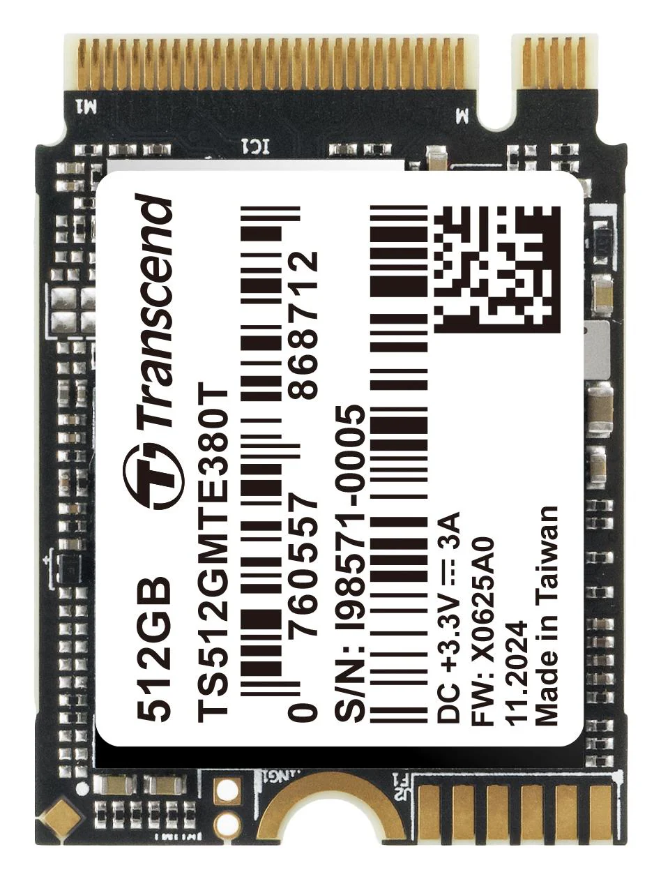 TRANSCEND TS512GMTE380T SSD, Internal, M.2 2230, PCIe Gen 4 x 4, NVMe, 512 GB, 3D NAND, AES 256-bit