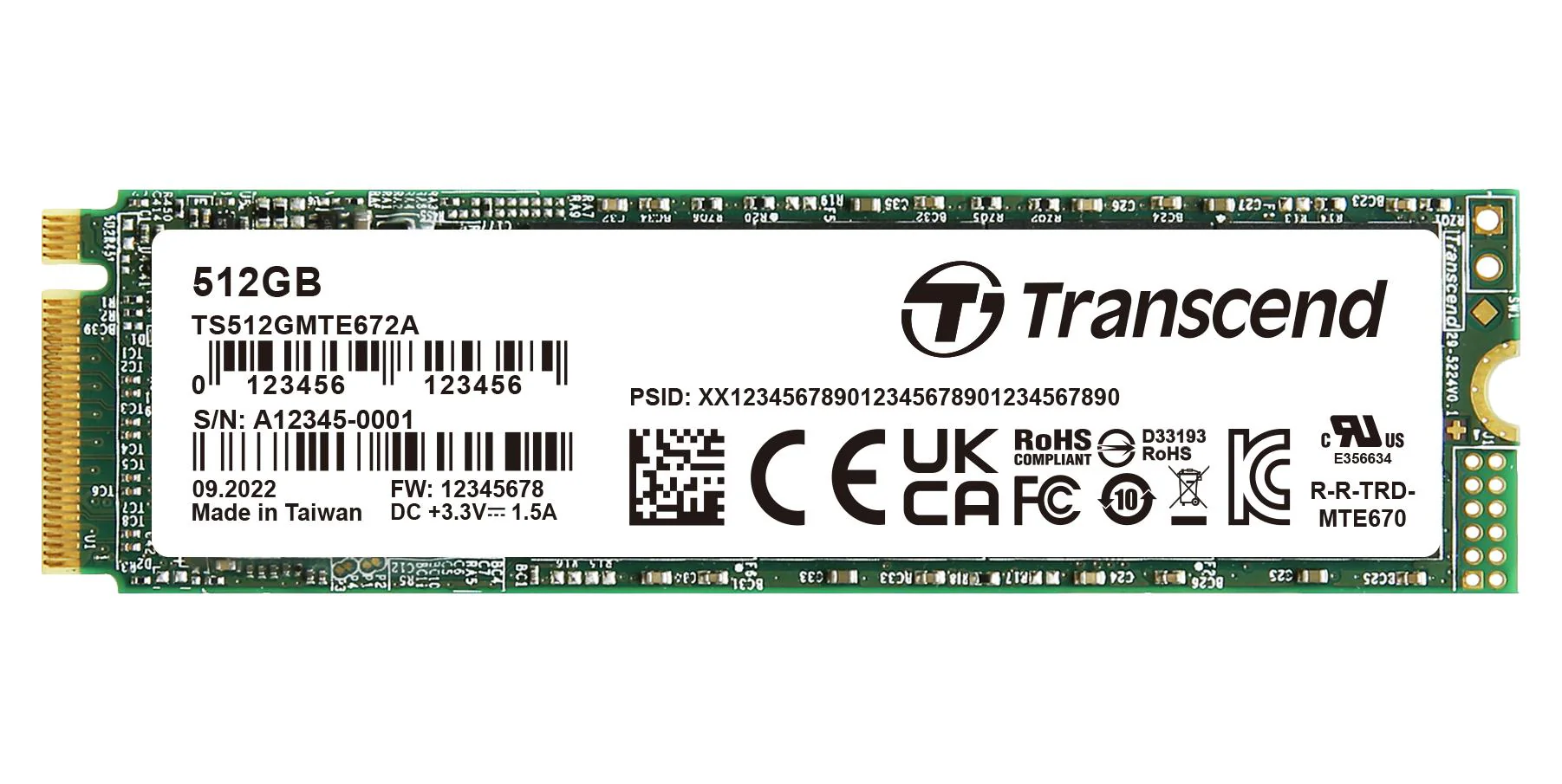 TRANSCEND TS512GMTE672A-VS1 SSD, Internal, M.2 2280, PCIe Gen 3 x 4, NVMe, 512 GB, 3D NAND, AES 256-bit