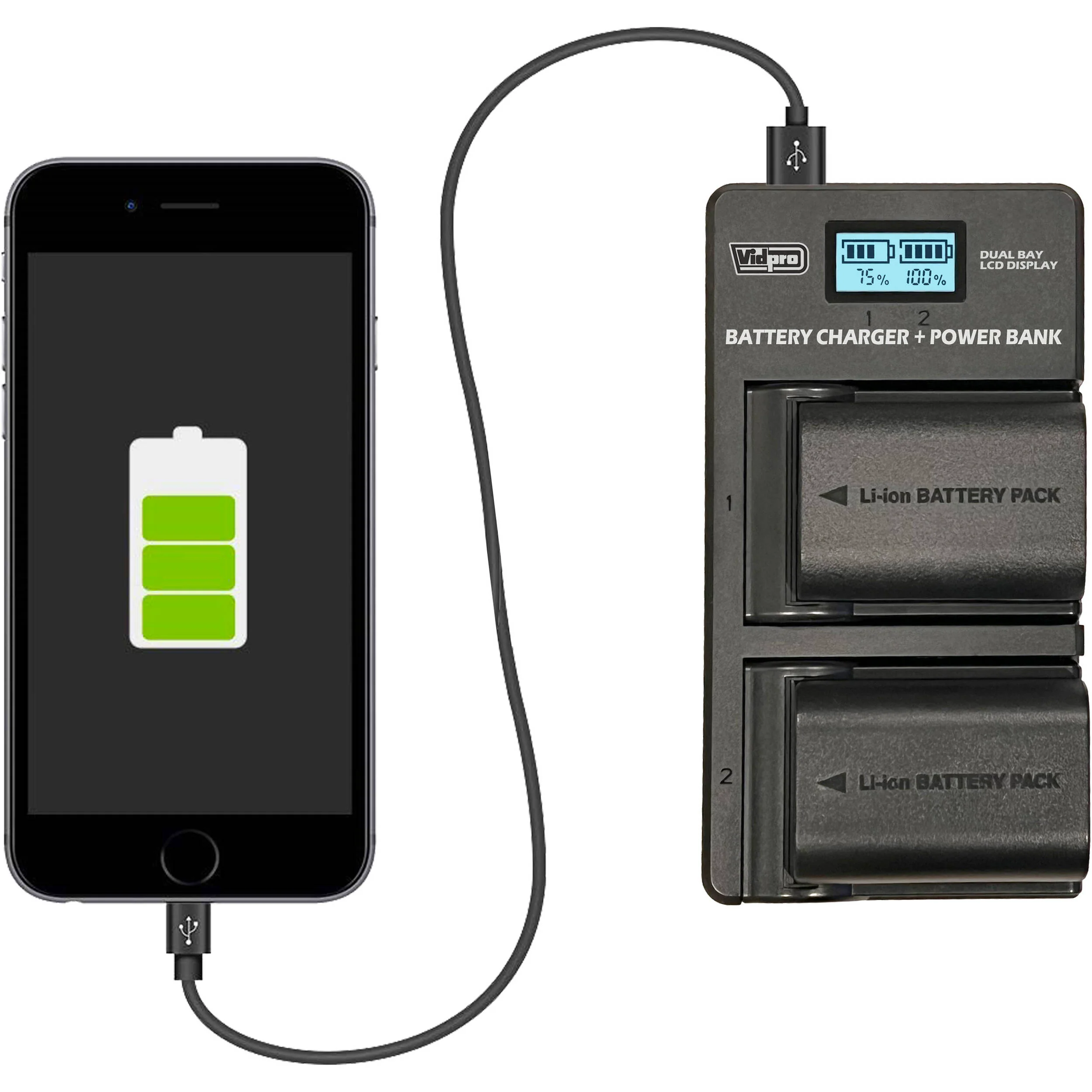 Vidpro VDL-105 Dual Bay LCD Charger with Power Bank for Panasonic DMW-BLK22 - Image 5