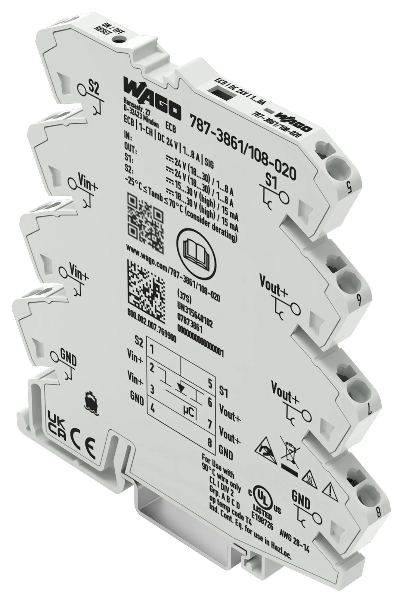 WAGO 787-3861/108-020 Electronic Circuit Breaker, 787 Series, 1 Pole, 24 VDC, DIN Rail, 8 A